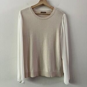 Lilla P Crew Neck Sweater with Sheer Sleeves Cotton Blend Cream size‎ medium